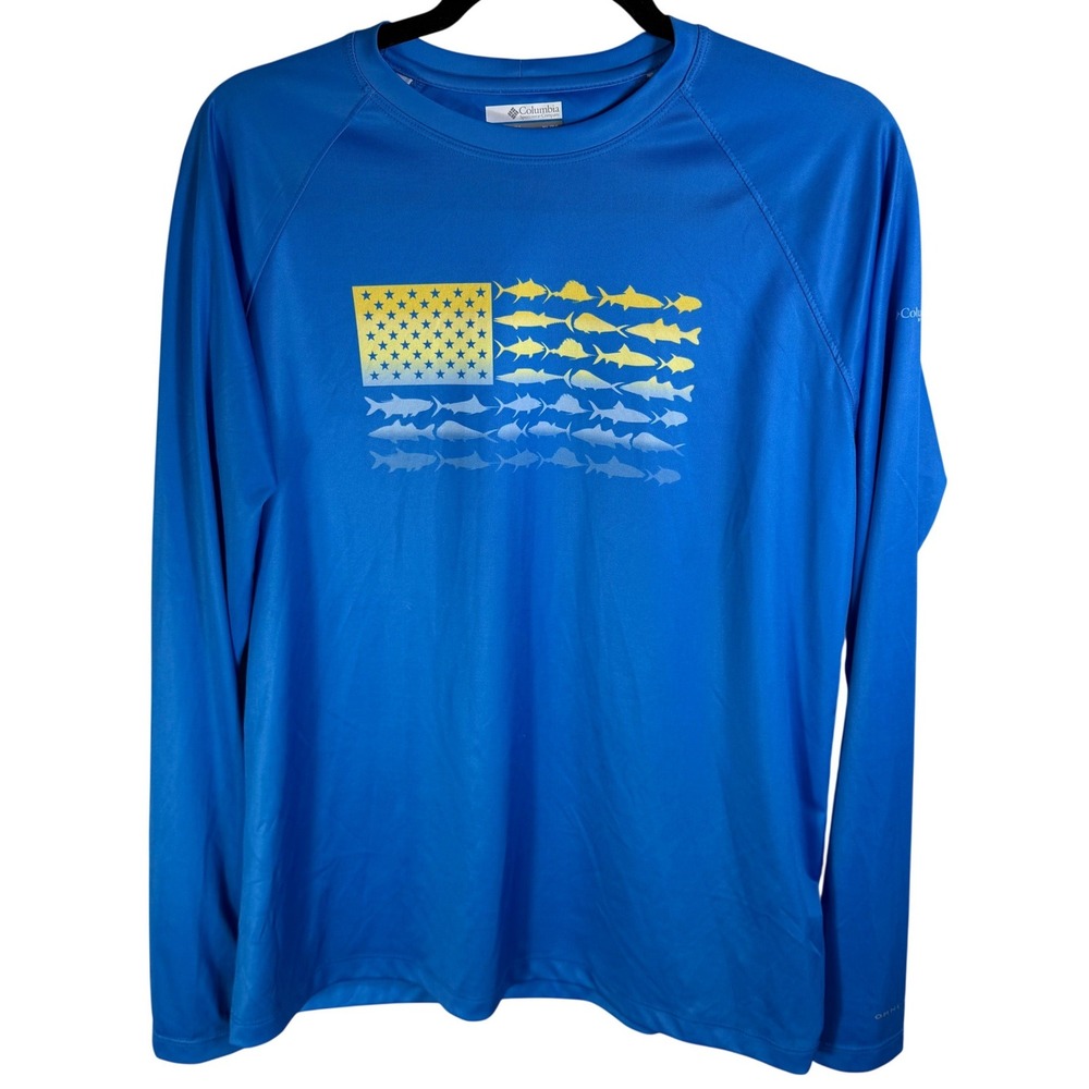 Columbia PFG Boys XL Blue Fish Flag Long Sleeve Performance Fishing Shirt XK8068